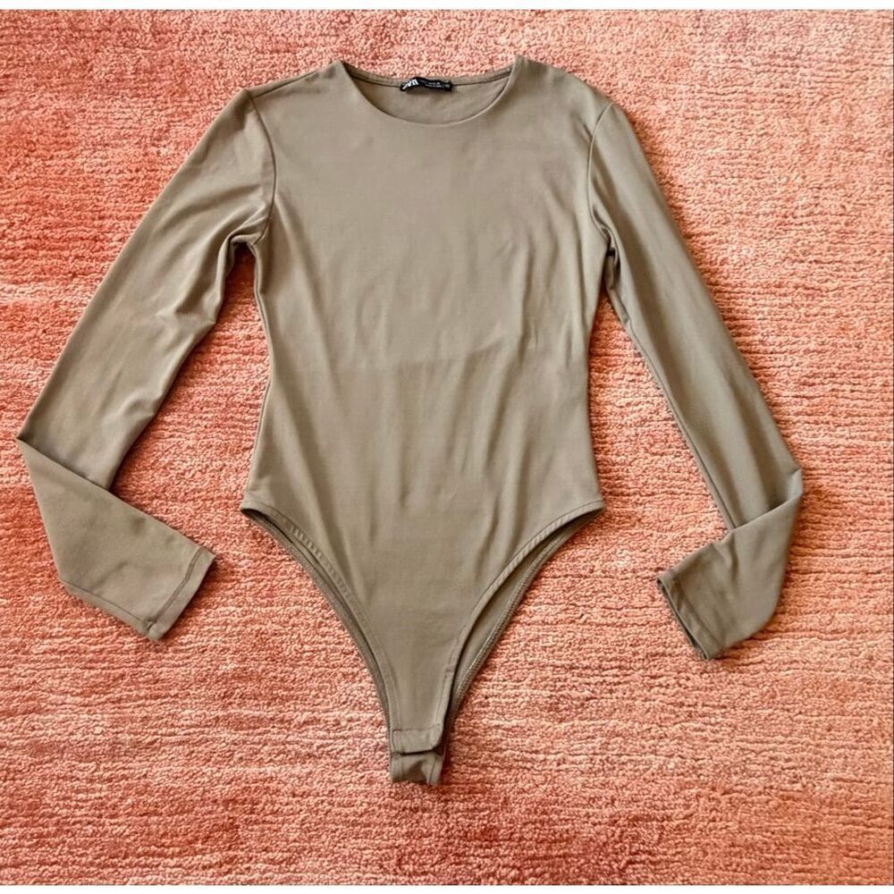ZARA Taupe Long Sleeve Bodysuit Snap Closure Stretch Top Size S